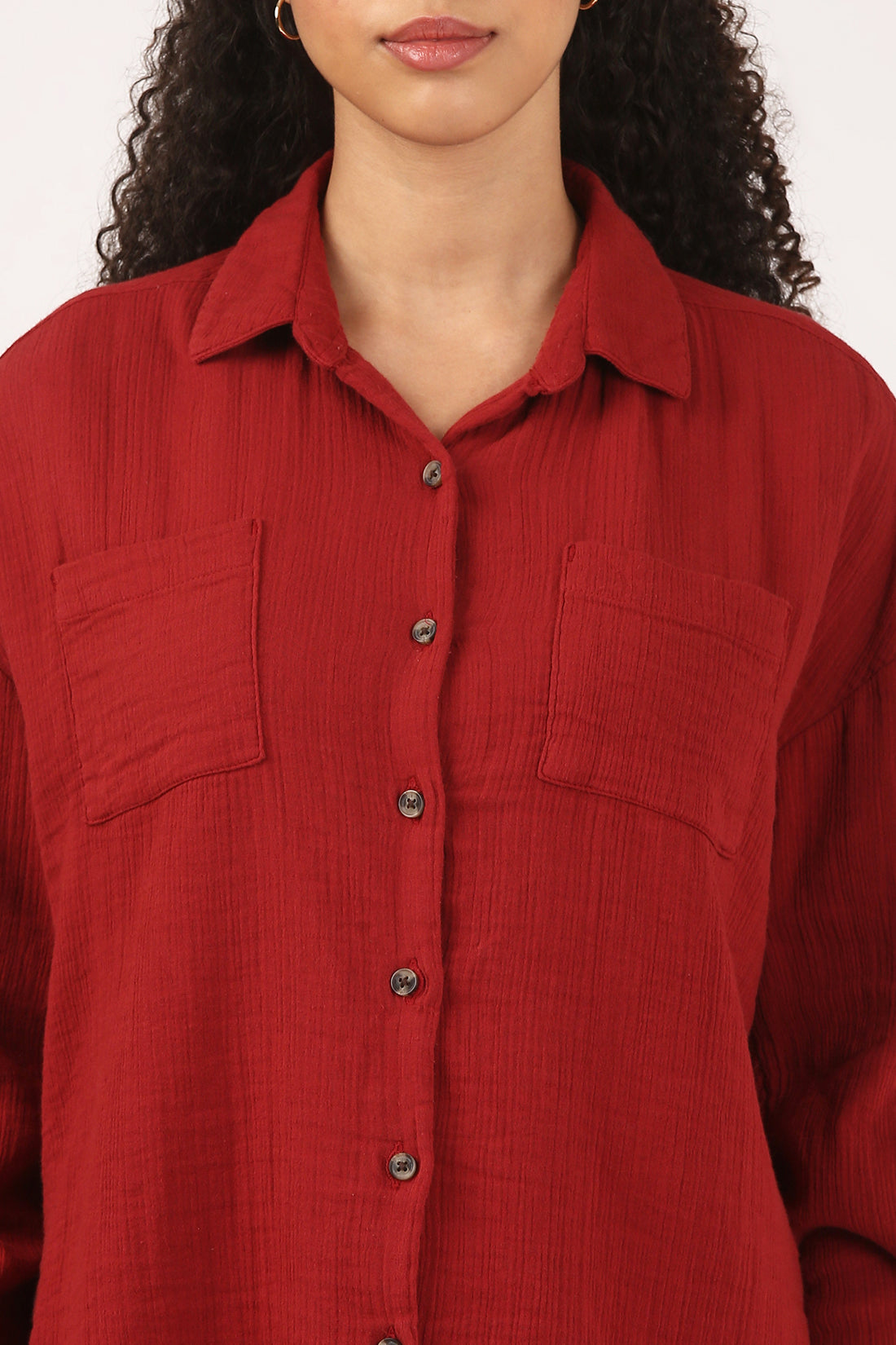 Deep Rust Cotton Double Cloth Crinkle Oversized Shirt