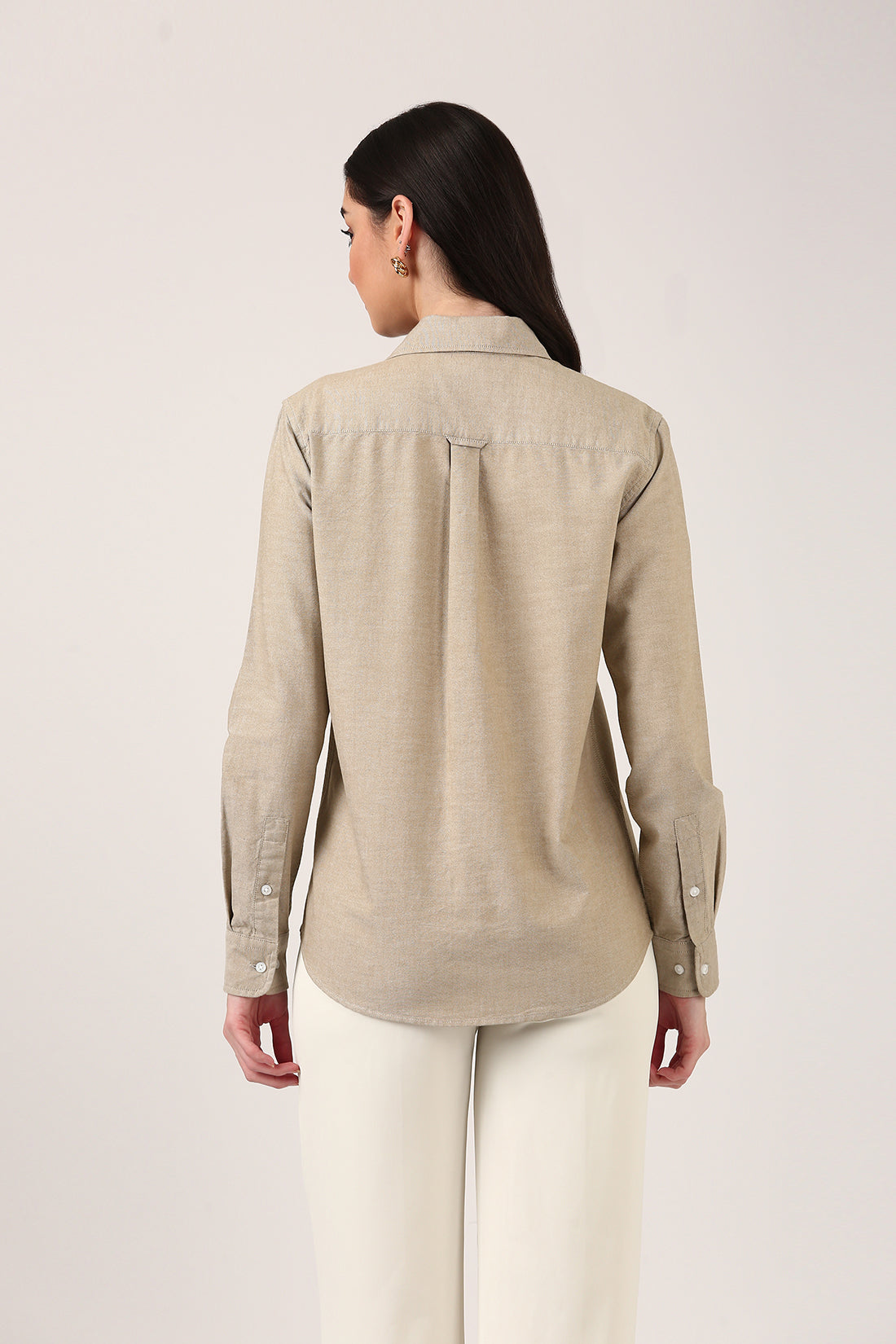 Beige Embroidered Oxford Shirt – Full Sleeve Tailored Fit