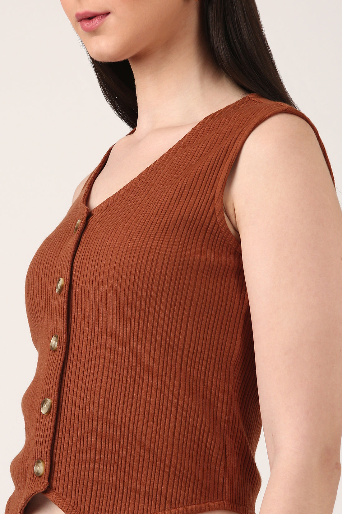 Brown Ribbed Button-Down Sleeveless Knit Top