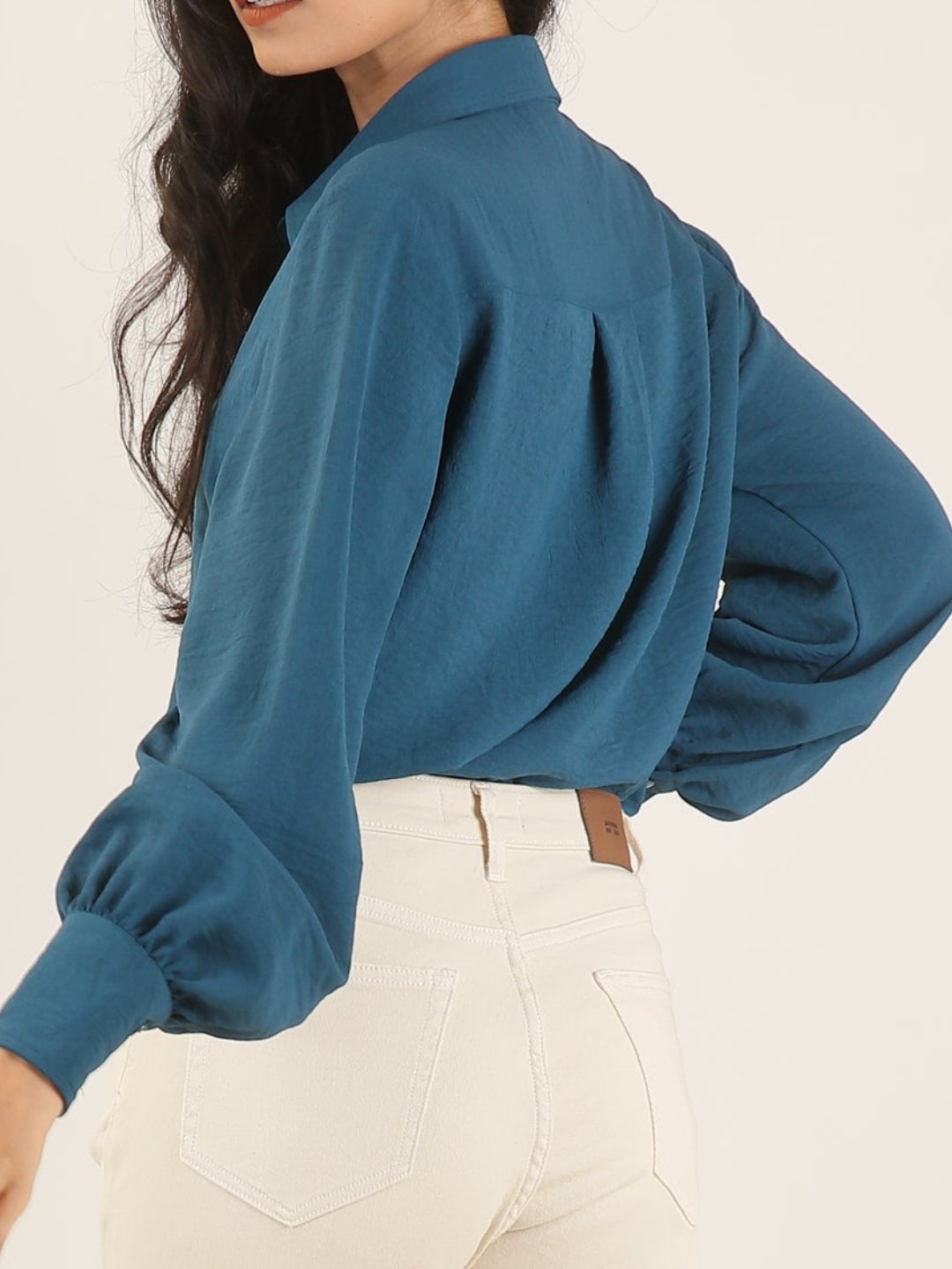 Airforce blue classic-fit bishop sleeve shirt with point collar and curved hem – Jolene