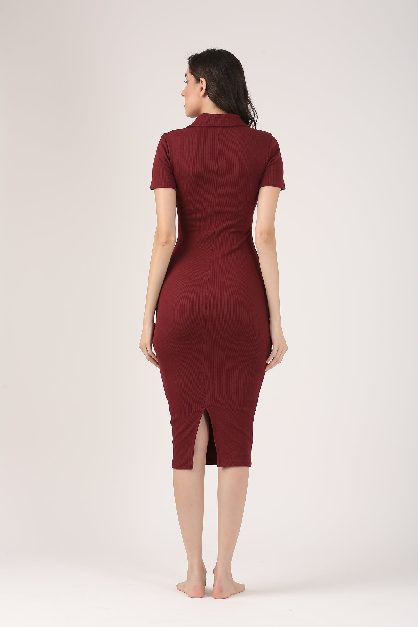 Soft Cotton Rib Contouring Wine Bodycon Dress