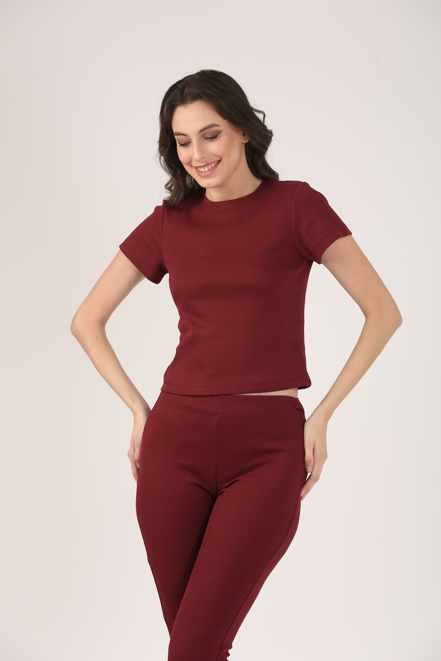 Soft Cotton Rib Short Sleeve Wine Top