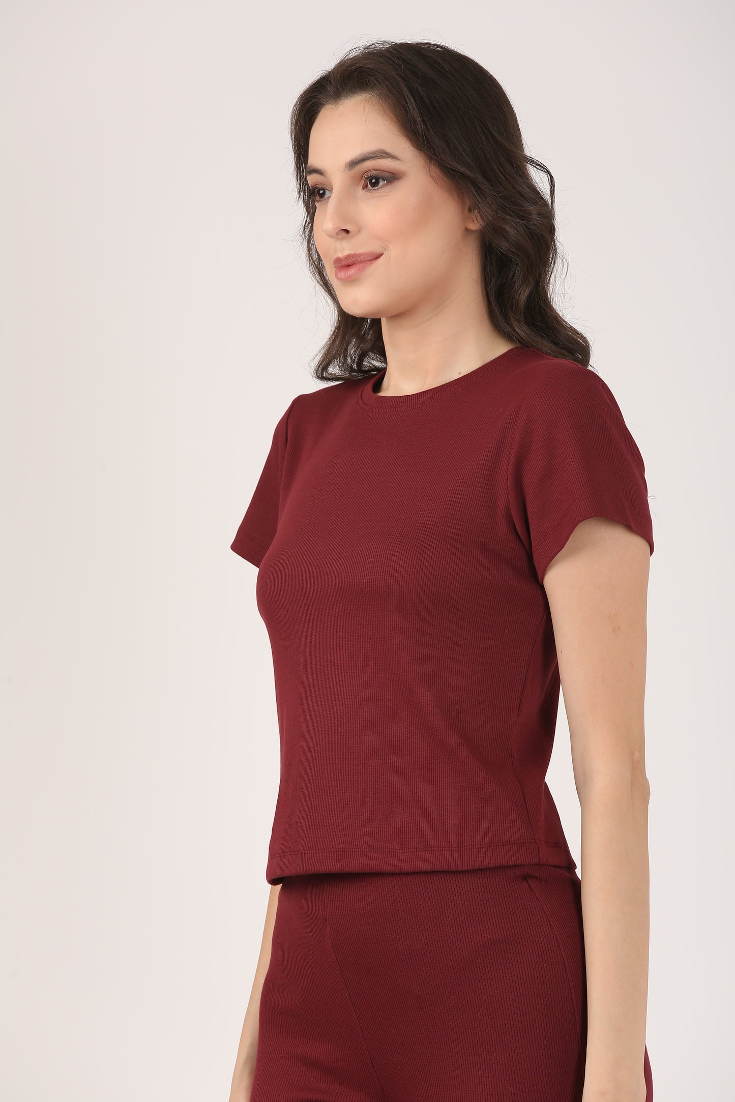 Soft Cotton Rib Short Sleeve Wine Top
