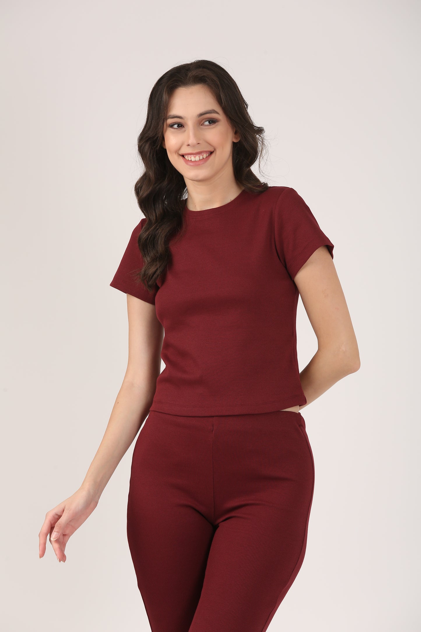 Soft Cotton Rib Short Sleeve Wine Top
