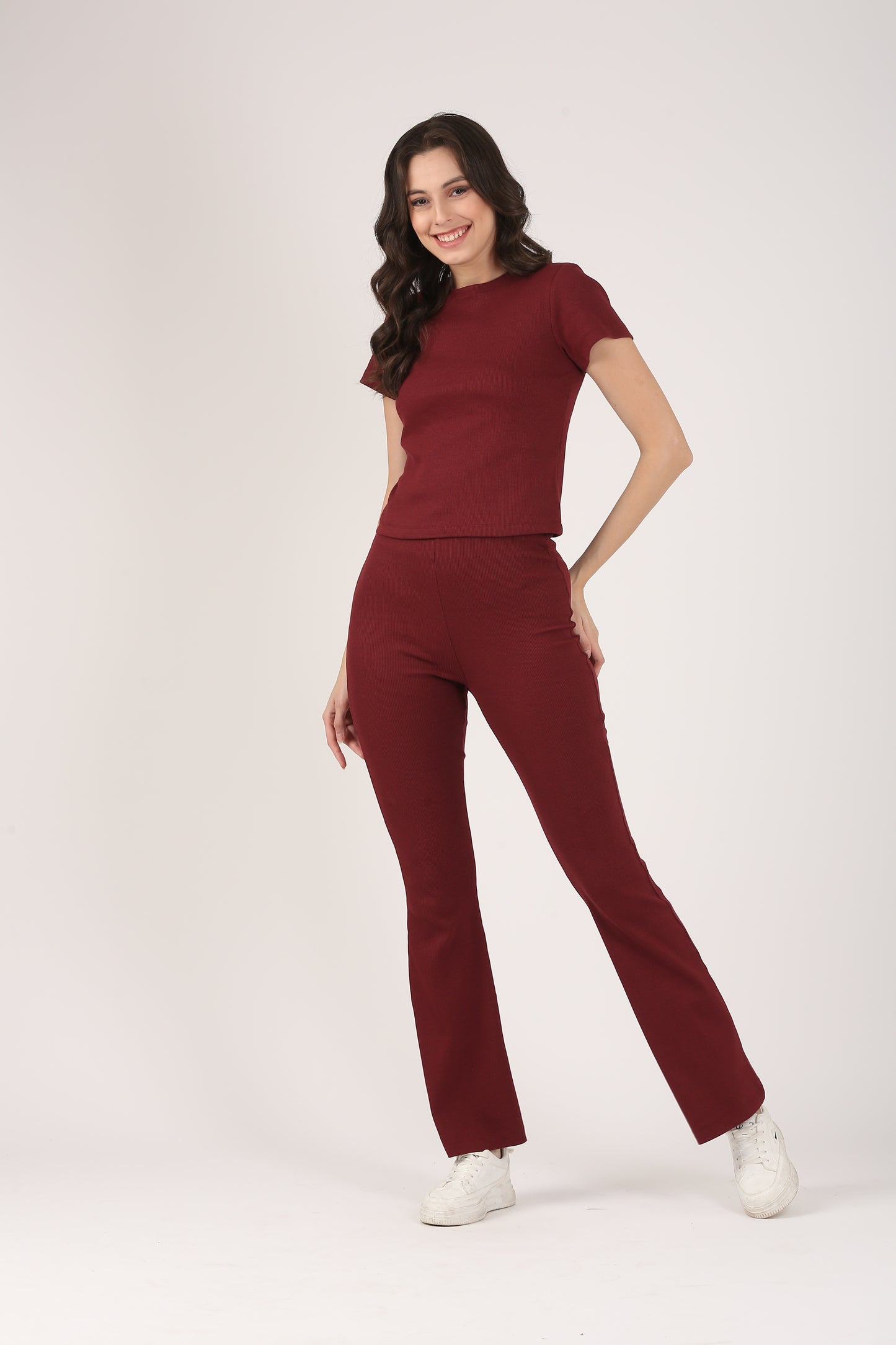 Soft Cotton Rib Wine Flare Pants