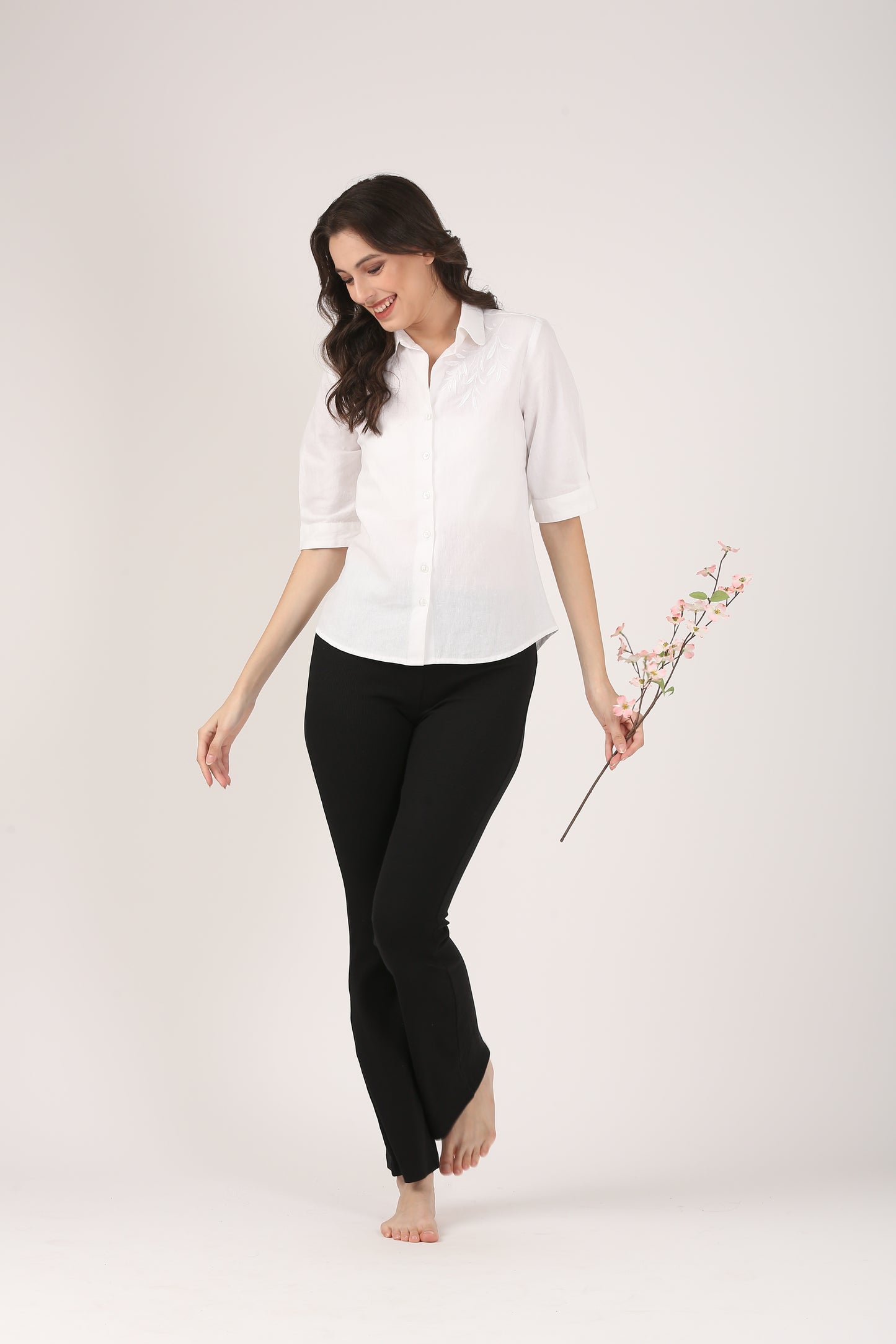 White Linen Shirt with tone on tone Shoulder Embroidery