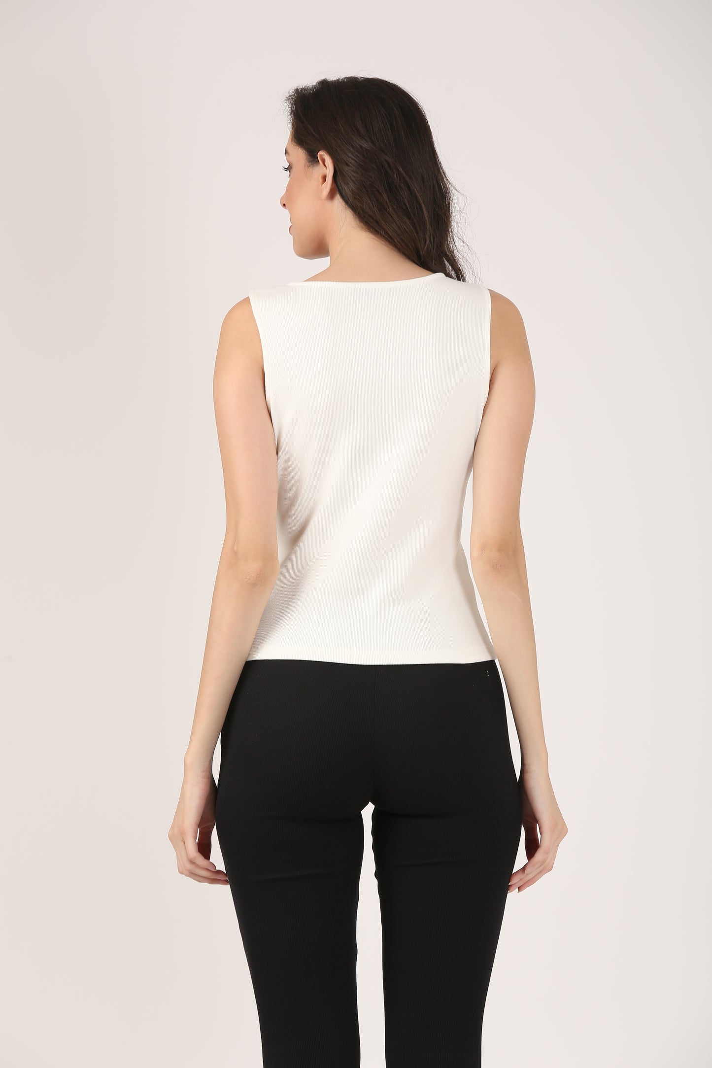 Soft Cotton Rib Elegant V Neck Cream Top