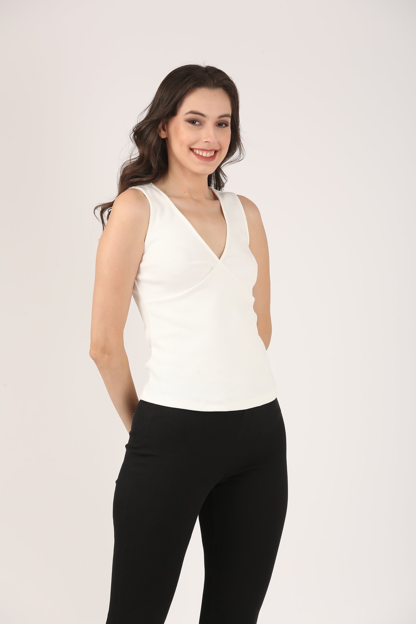 Soft Cotton Rib Elegant V Neck Cream Top