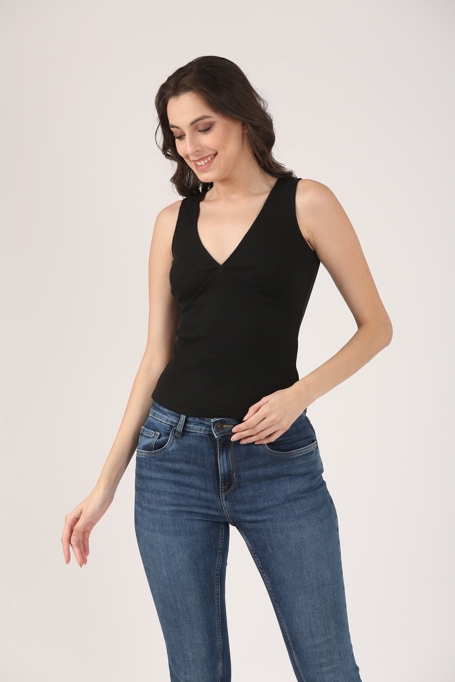 Soft Cotton Rib Elegant V Neck Black Top