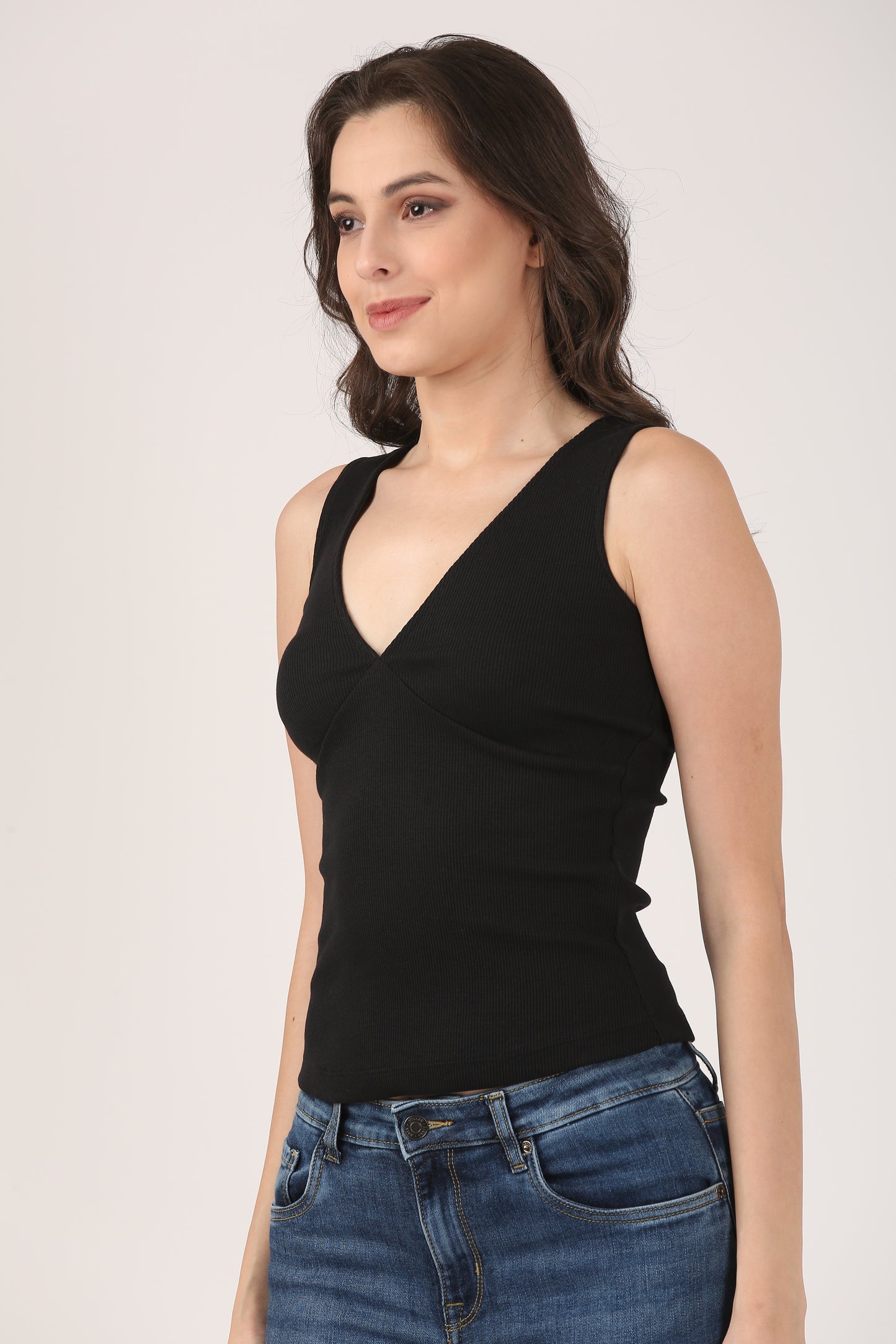 Soft Cotton Rib Elegant V Neck Black Top