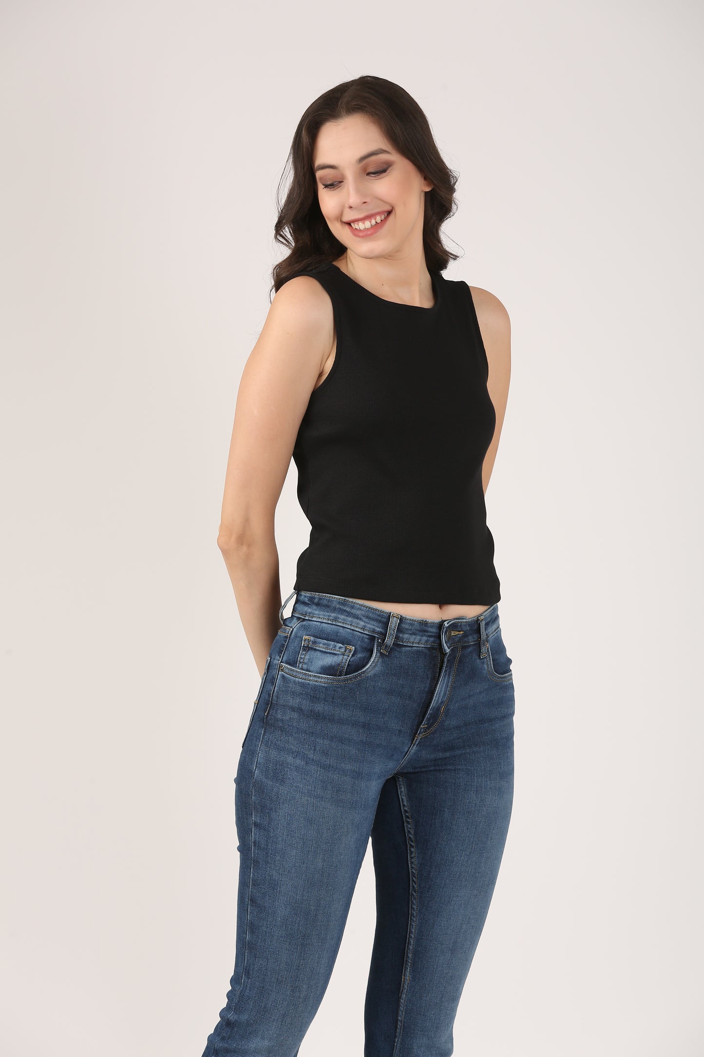 Soft Cotton Rib Sleeveless Black Top