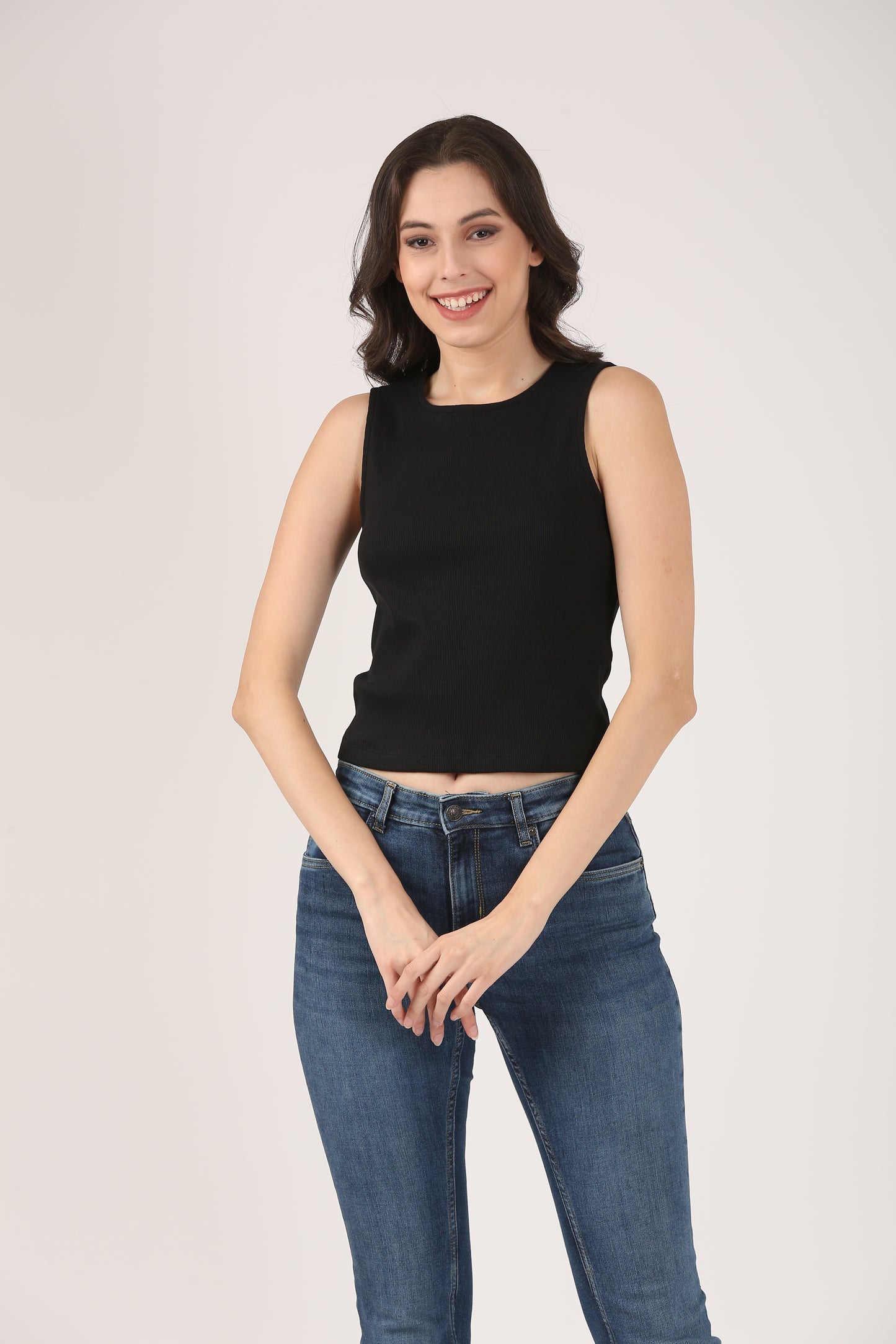 Soft Cotton Rib Sleeveless Black Top