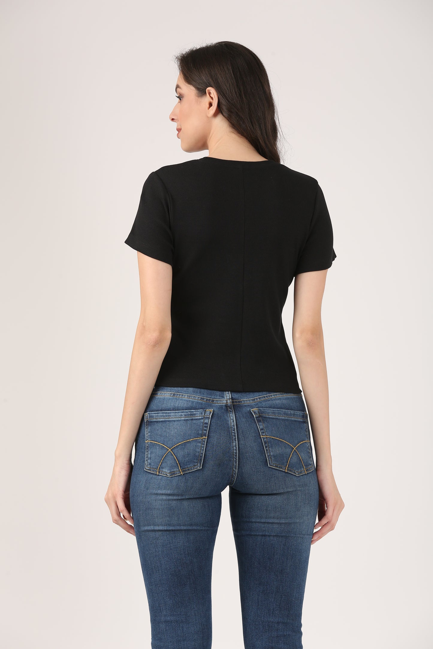 Soft Cotton Rib Short Sleeve Black Top