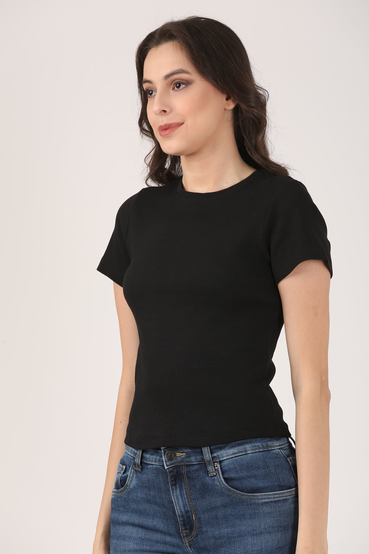 Soft Cotton Rib Short Sleeve Black Top