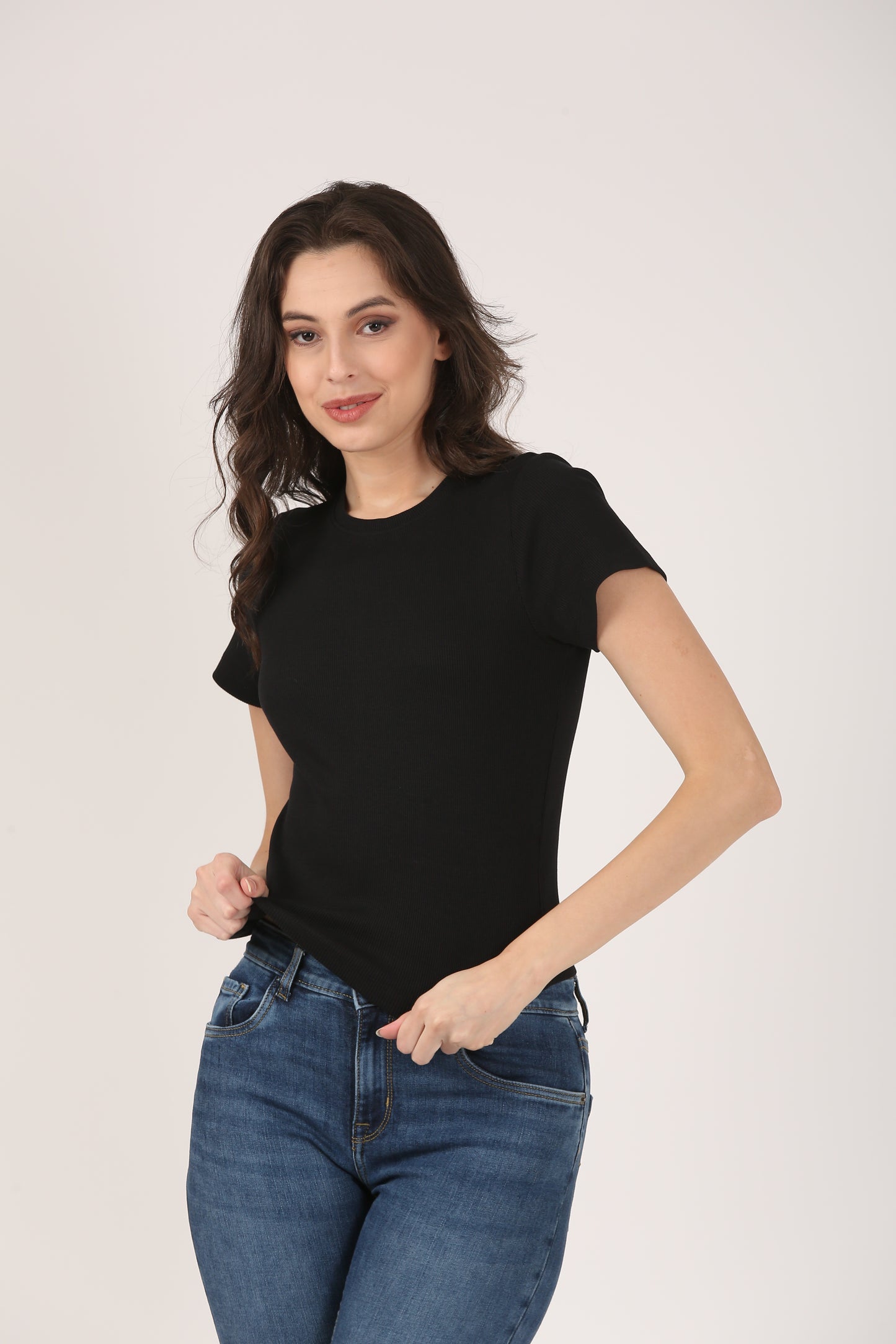 Soft Cotton Rib Short Sleeve Black Top