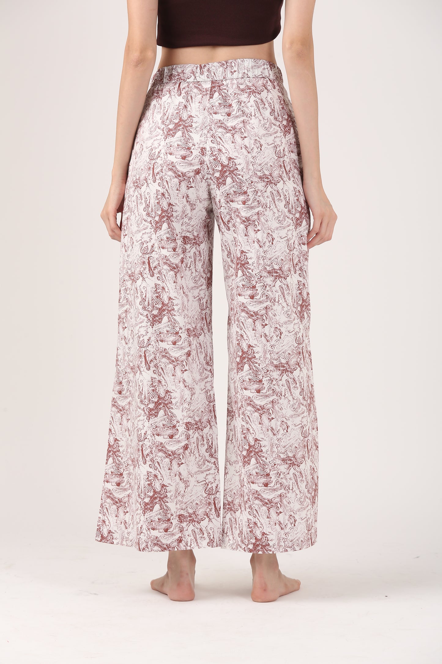 Cream & Rust Viscose Flare Pant - Casual Wide Leg Trousers