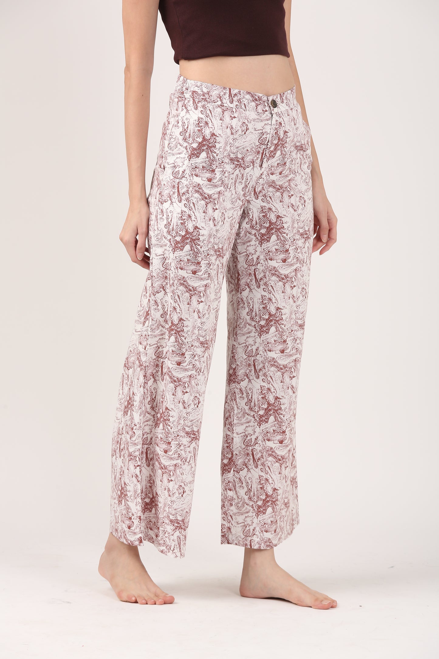 Cream & Rust Viscose Flare Pant - Casual Wide Leg Trousers