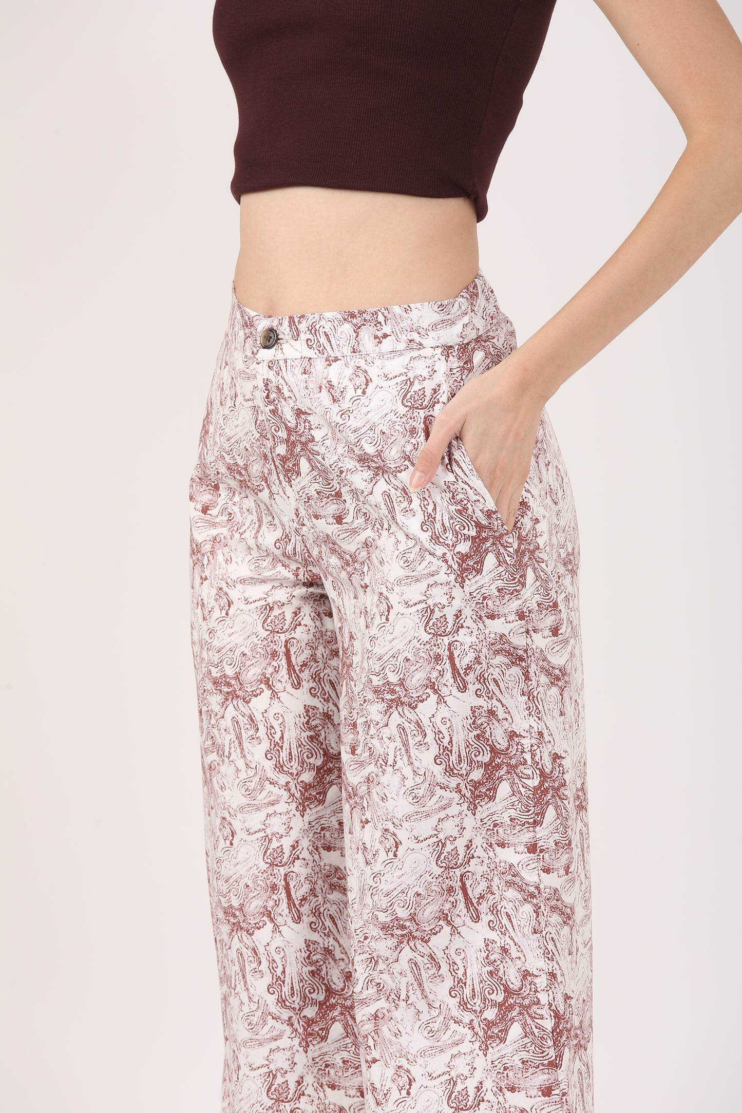 Cream & Rust Viscose Flare Pant - Casual Wide Leg Trousers