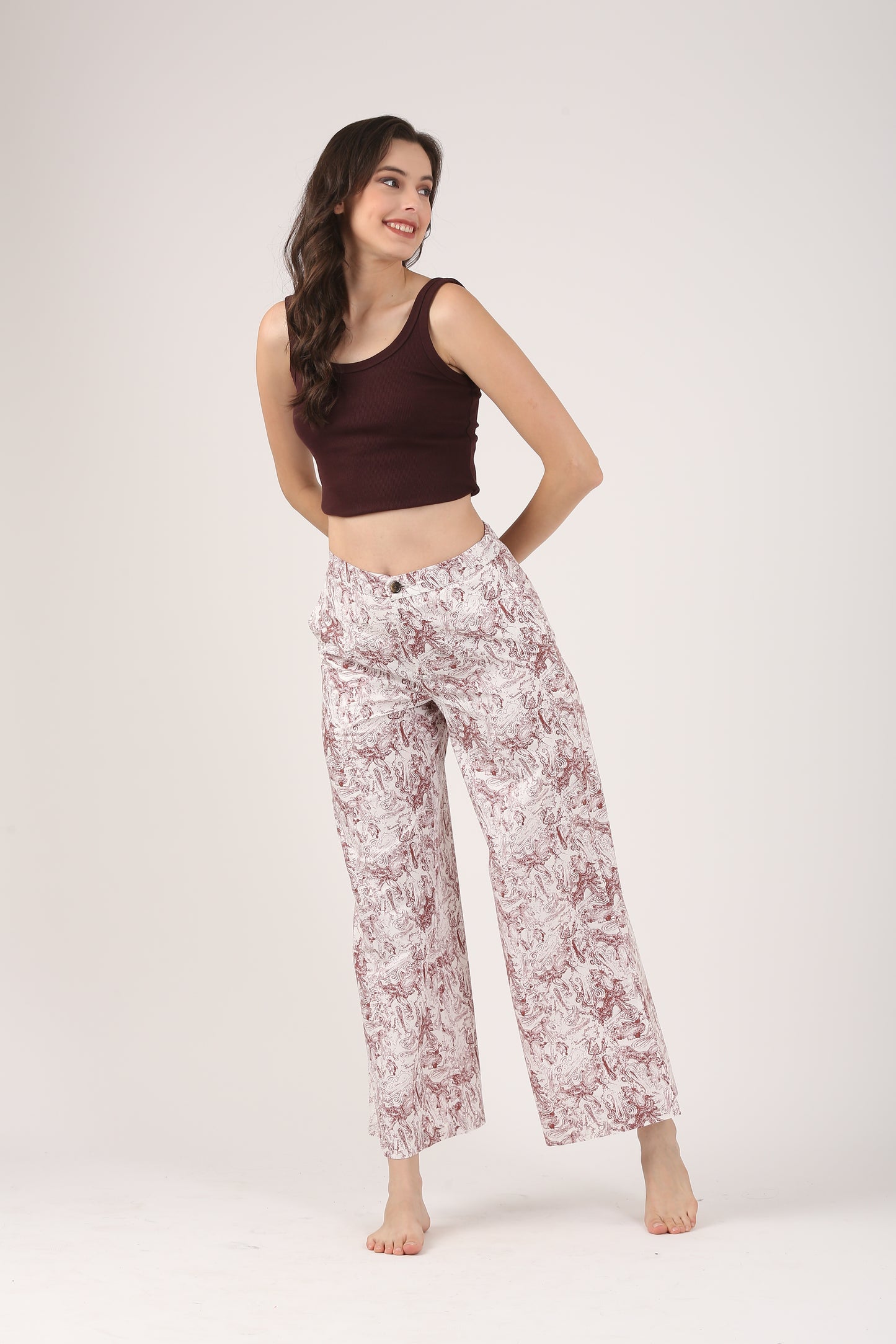 Cream & Rust Viscose Flare Pant - Casual Wide Leg Trousers