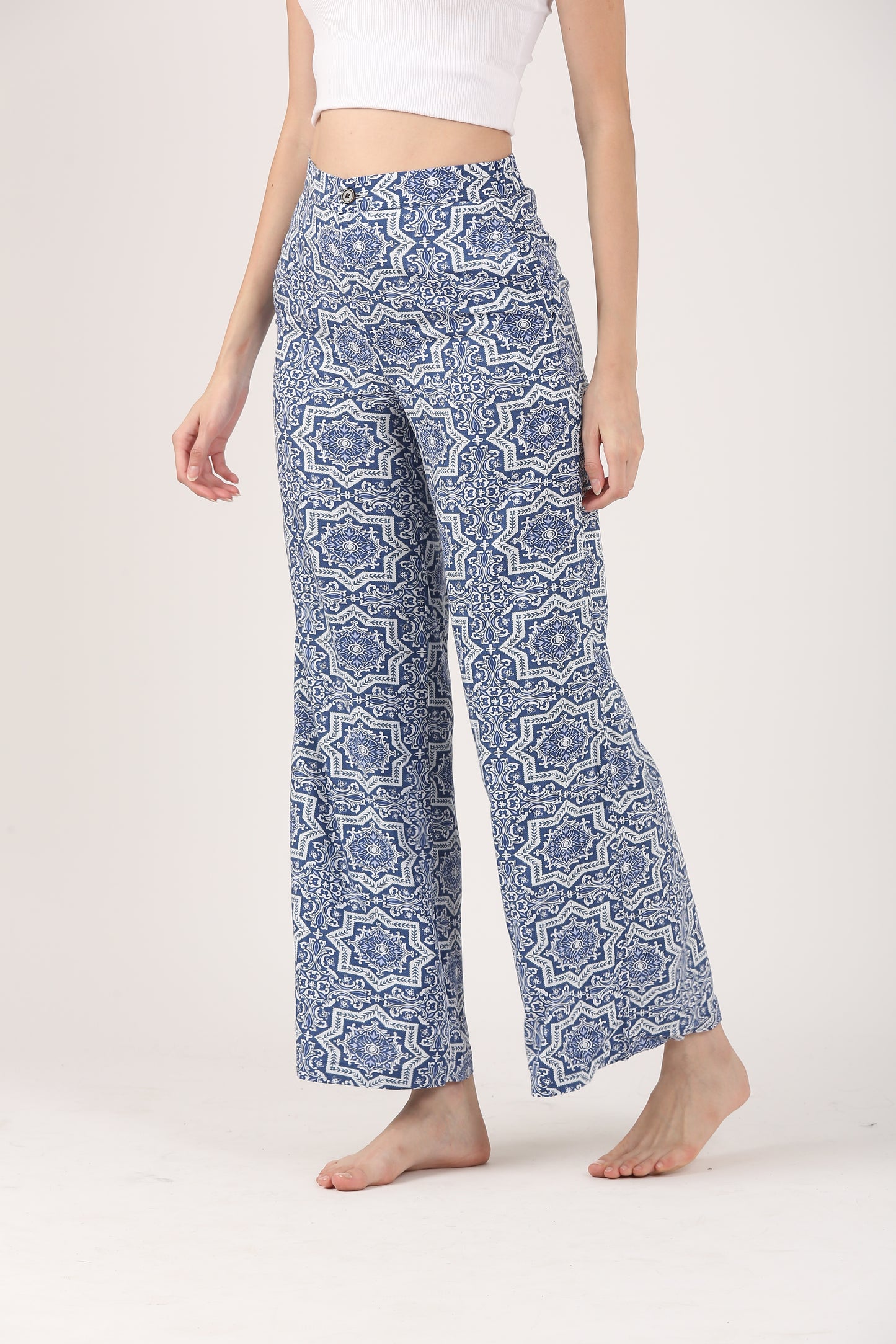 Santorini Blue Flare Viscose Pant – Casual Wide Leg Trousers