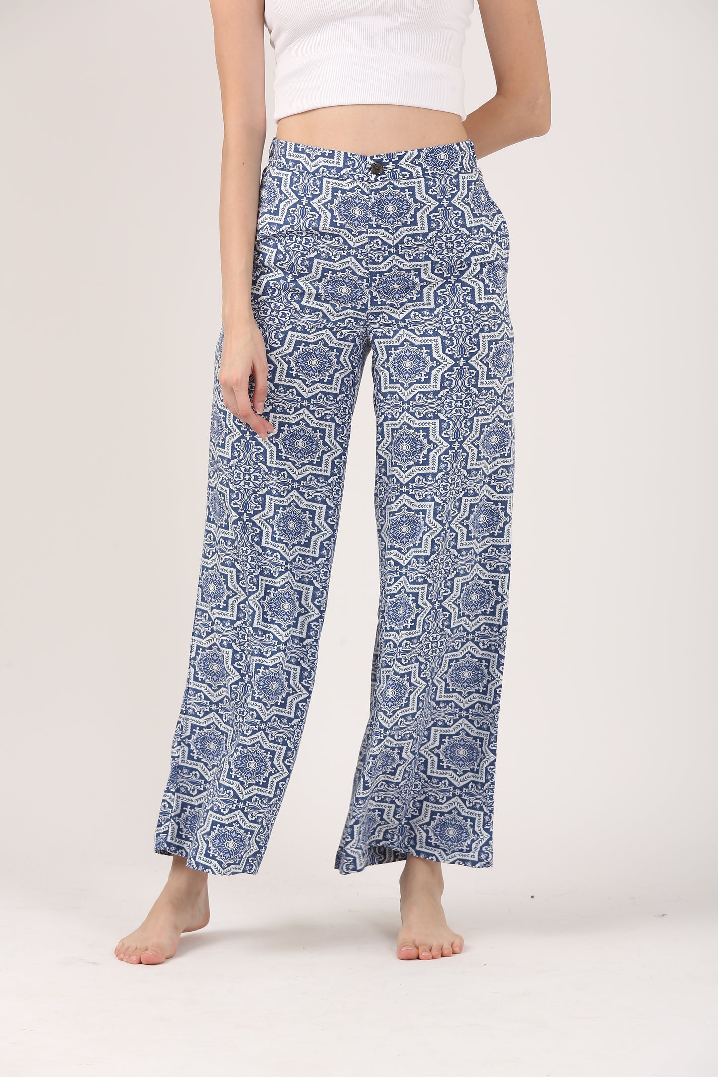 Santorini Blue Flare Viscose Pant – Casual Wide Leg Trousers