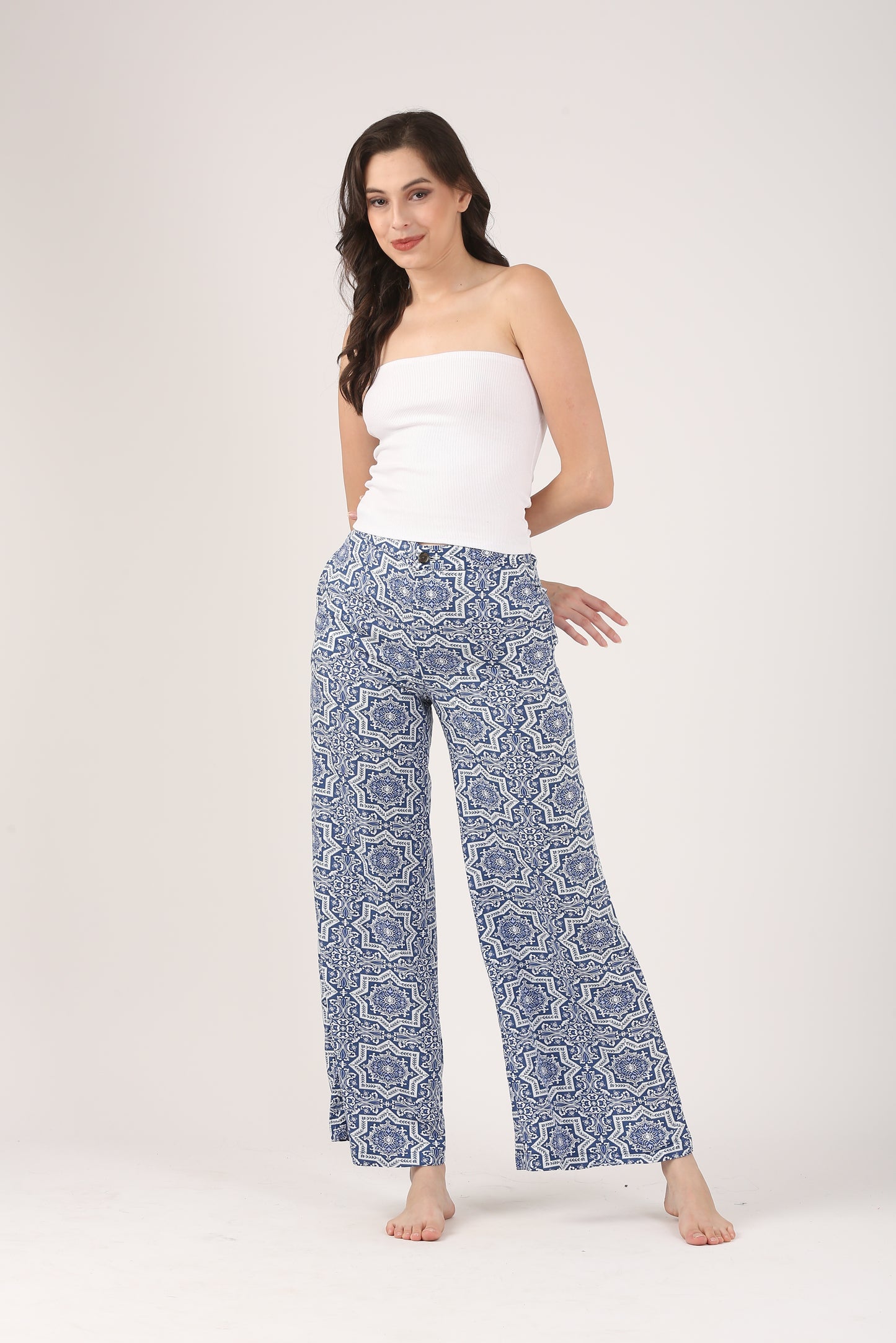 Santorini Blue Flare Viscose Pant – Casual Wide Leg Trousers