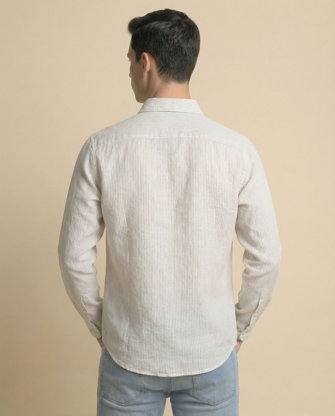 Beige Stripes Full Sleeve Linen Men's Shirt
