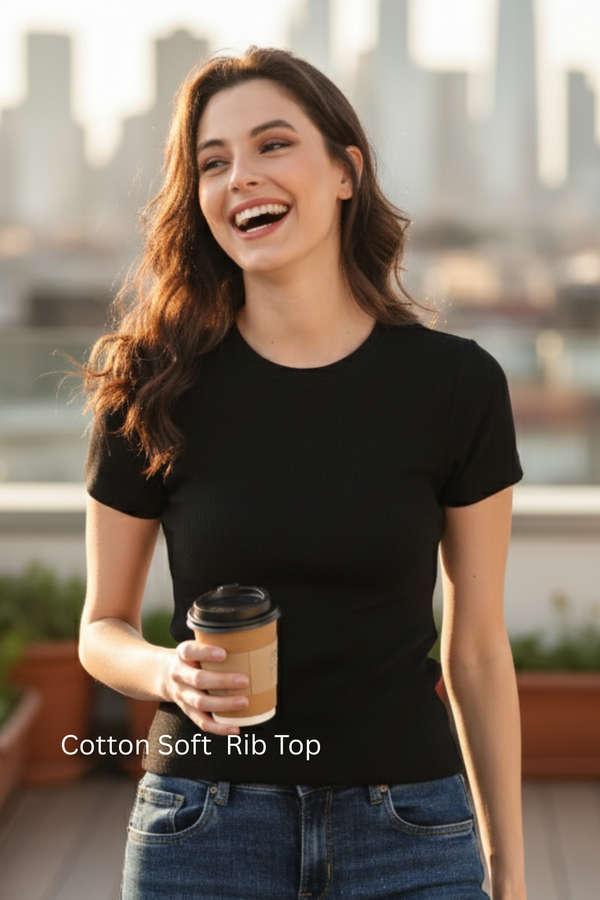 Soft Cotton Rib Short Sleeve Black Top