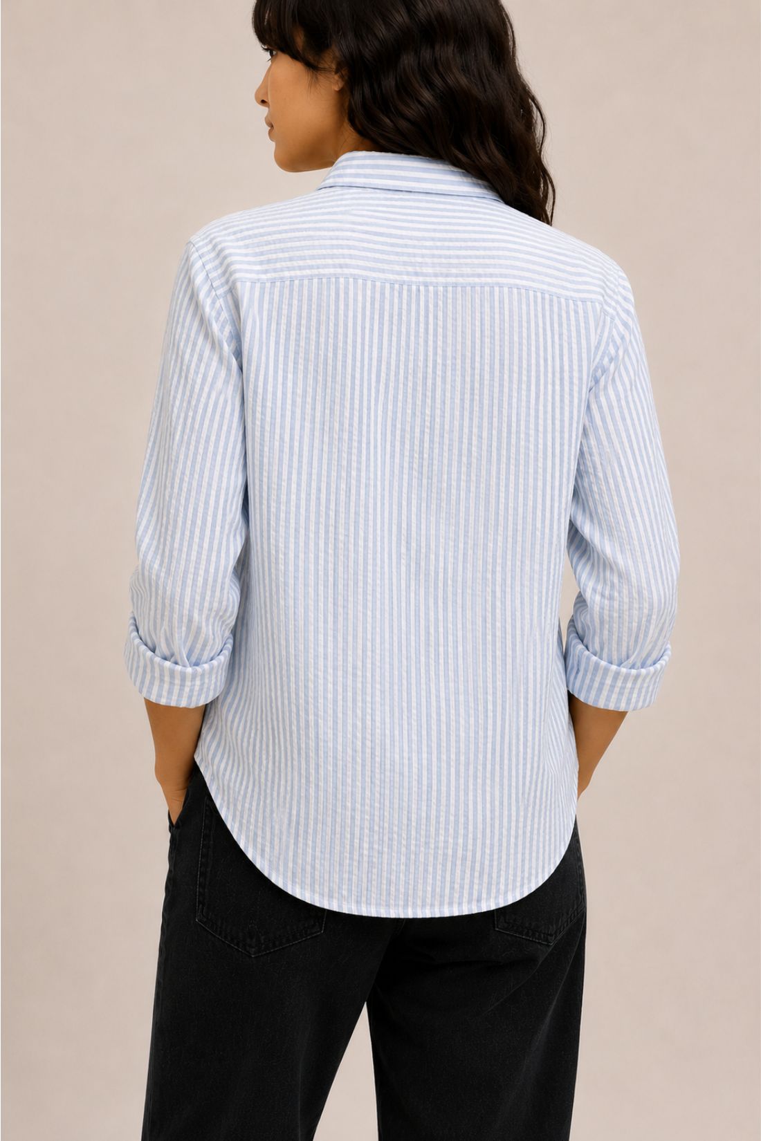 Jolene Woman Blue & White Seersucker Striped Shirt