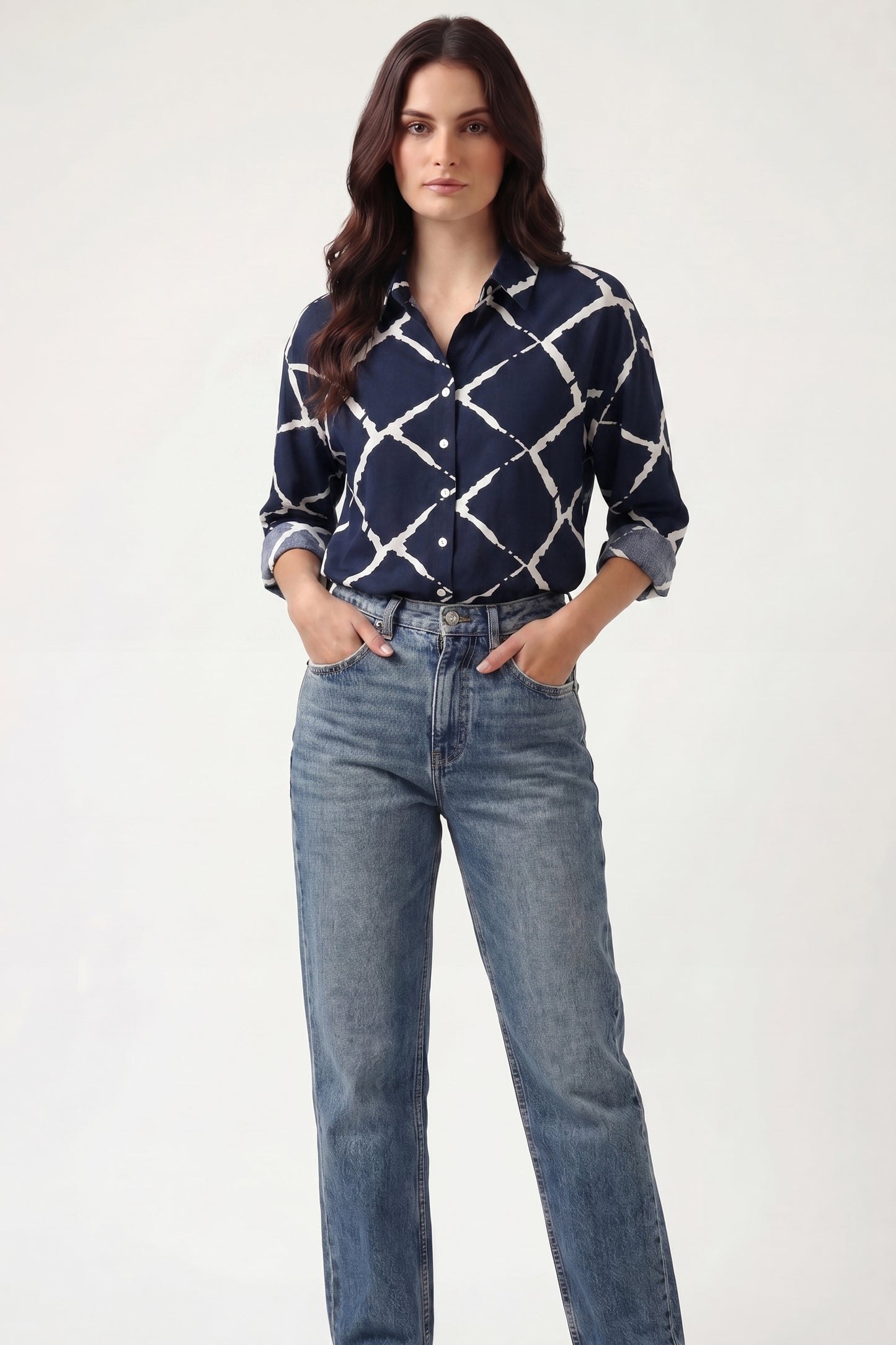 Viscose Abstract Printed Oversize Fit Neel Grid Shirt