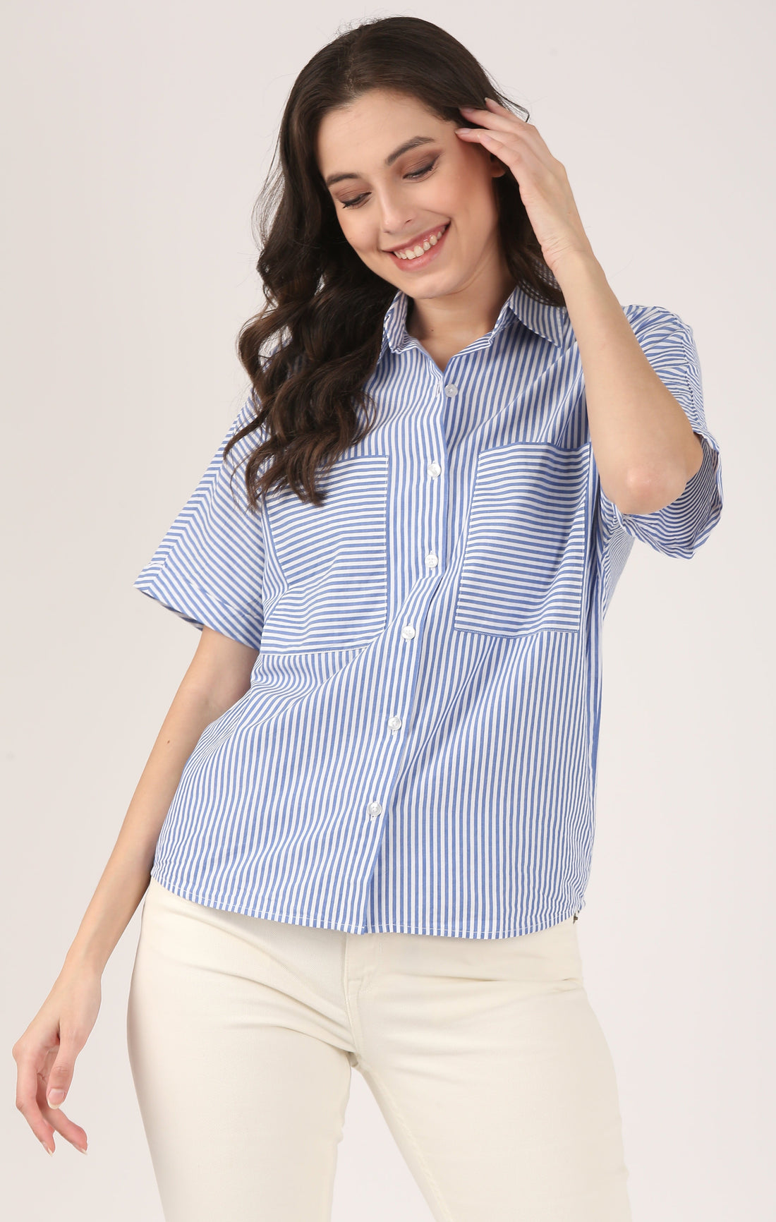 Blue Stripes Cotton Kimono Shirt from Jolene