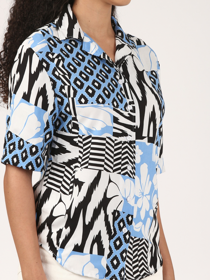 Balcao Breeze-Women’s Blue Abstract Floral Patchwork Cuban Collar Shirt