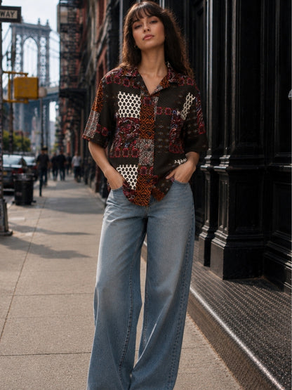 Bellini-Women’s Vintage Patchwork Print Regular Fit Short Sleeve Shirt