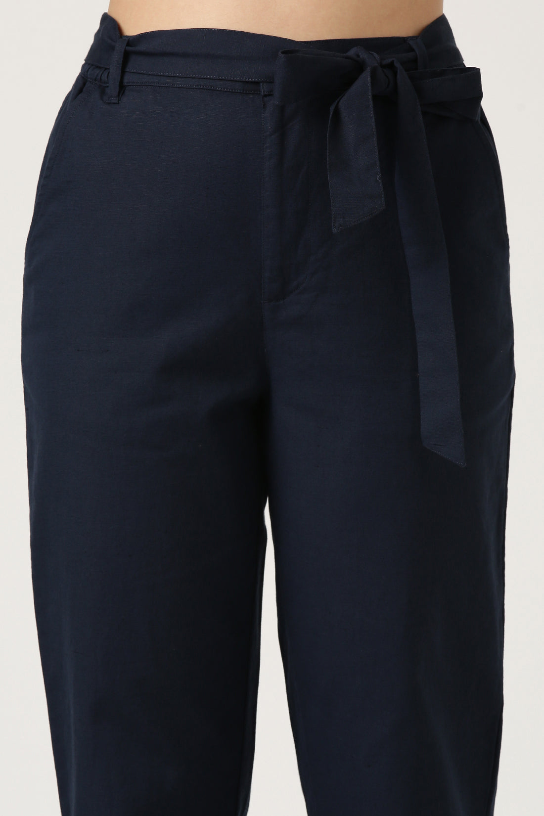 Navy Linen Straight Fit Pant With Belt