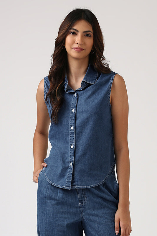 Indigo Denim Sleeveless Shirt