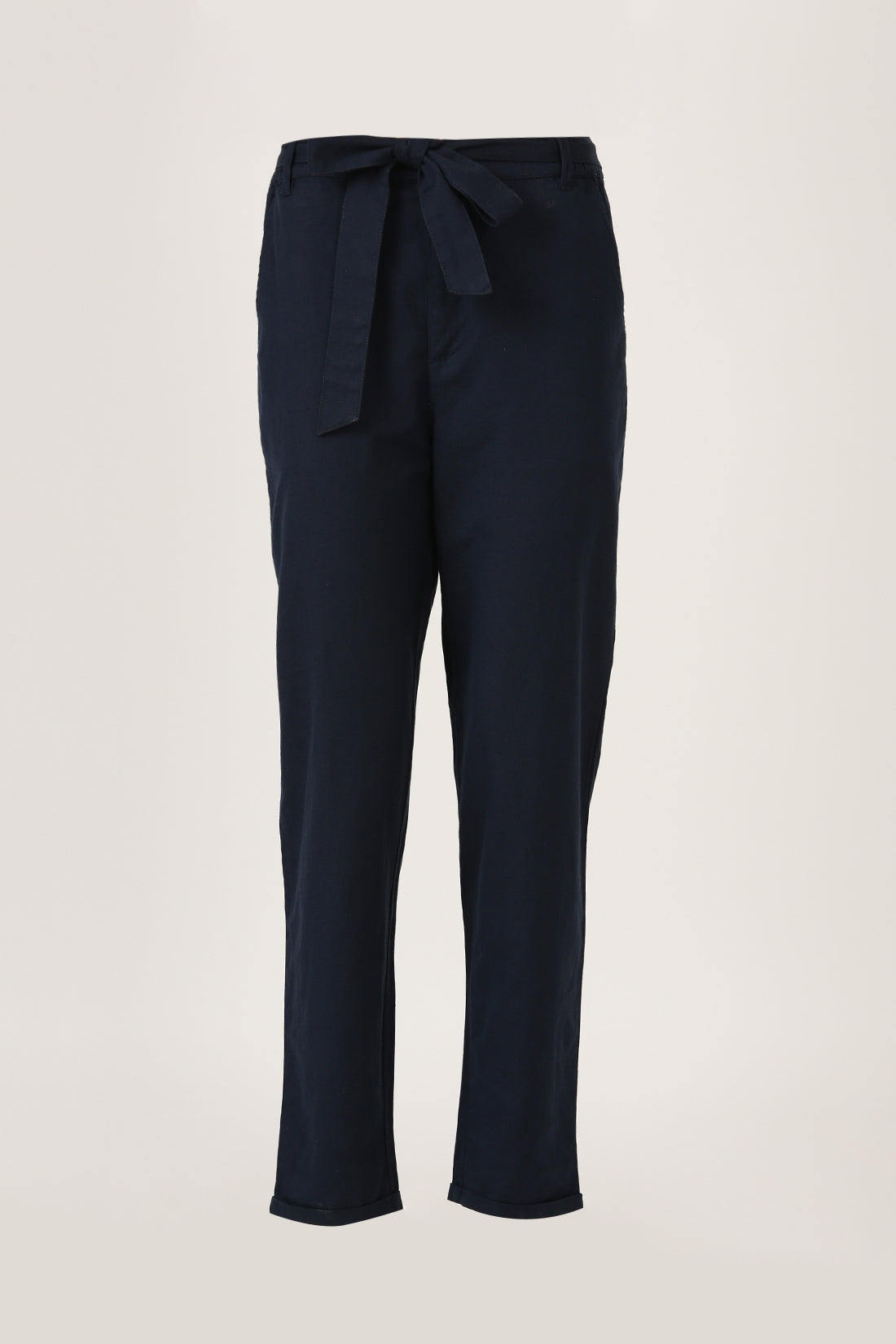 Navy Linen Straight Fit Pant With Belt