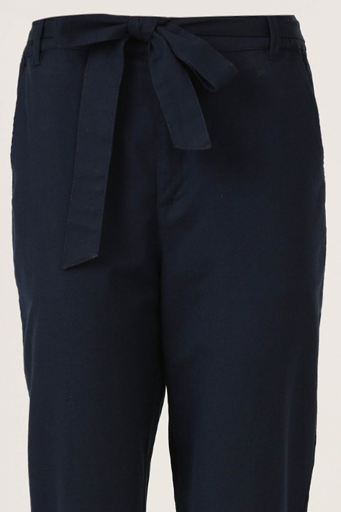 Navy Linen Straight Fit Pant With Belt