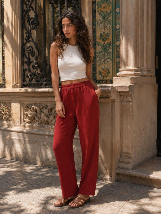 Deep Rust Cotton Double Cloth Crinkle Wide leg Pant