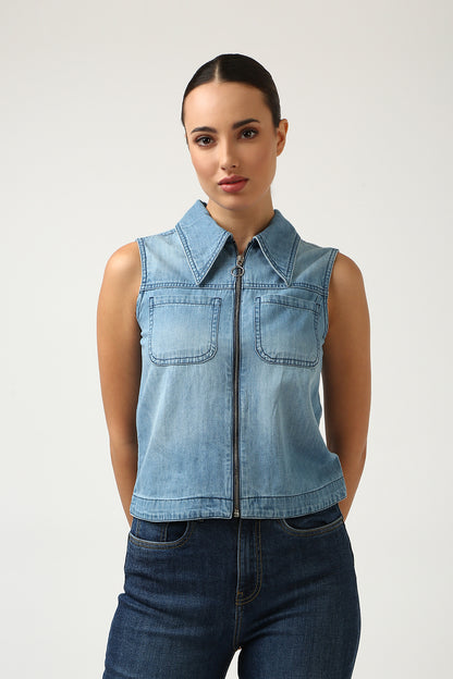 Indigo Denim Sleeveless Zip Top