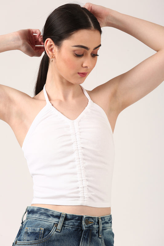 White Ruched Halter Neck Top