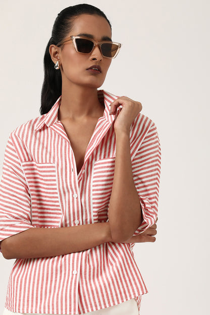 Coral Striped Kimono High-Low Shirt