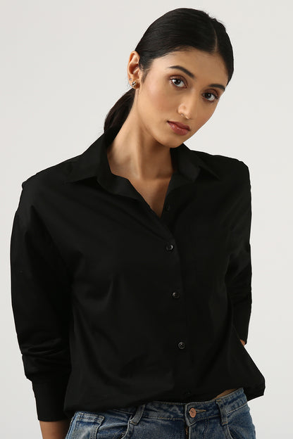 Black Poplin Shirt With Pocket