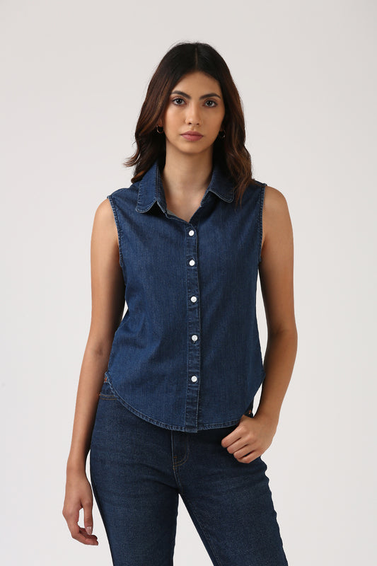 Indigo Denim Sleeveless Shirt