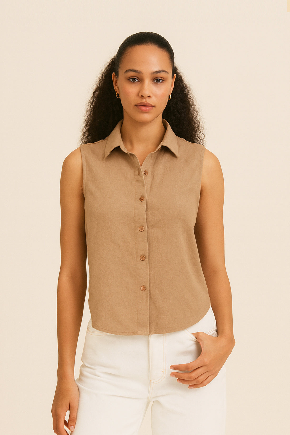 Caramel Cotton Linen Sleeveless Shirt
