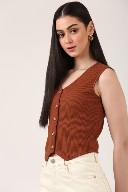 Brown Ribbed Button-Down Sleeveless Knit Top
