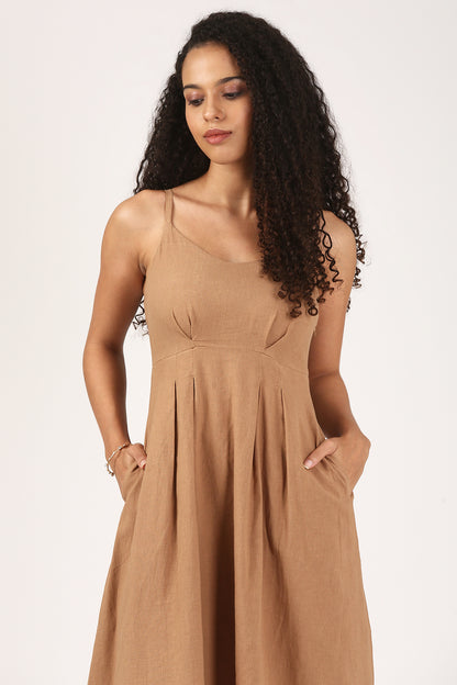Mira Linen V-Neck Dress in Fawn