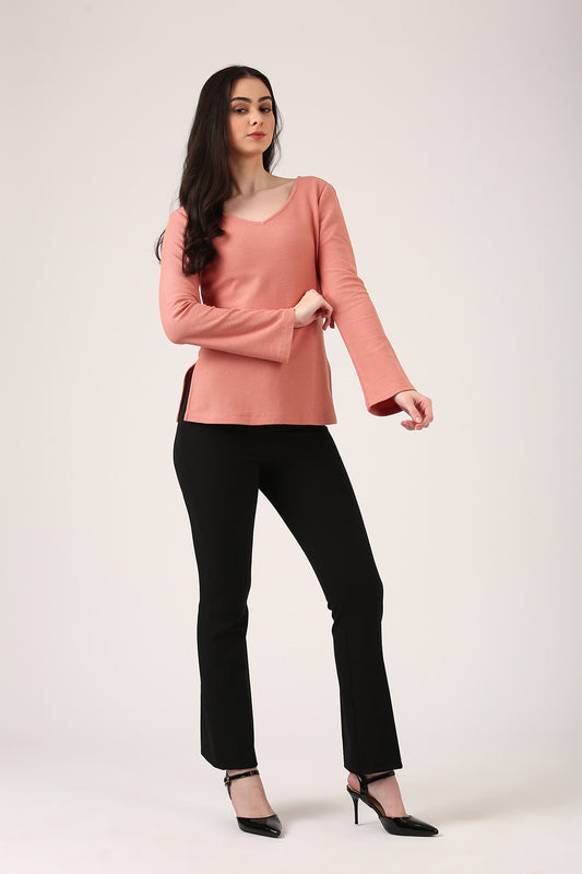 Blush Textured V-Neck Knit Top for Women