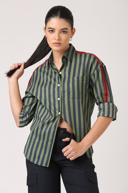 Green Navy Cotton Side Stripe Shirt