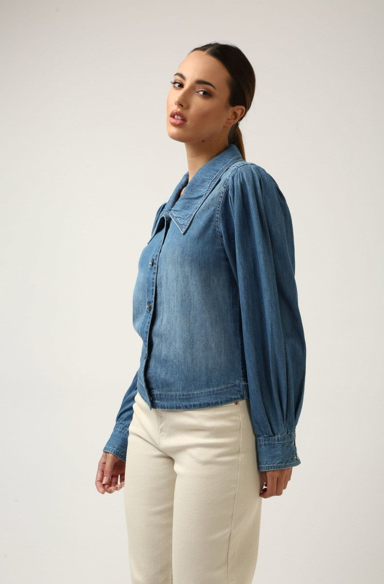 Indigo Denim Pleated Sleeve Top