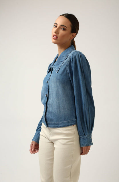 Indigo Denim Pleated Sleeve Top